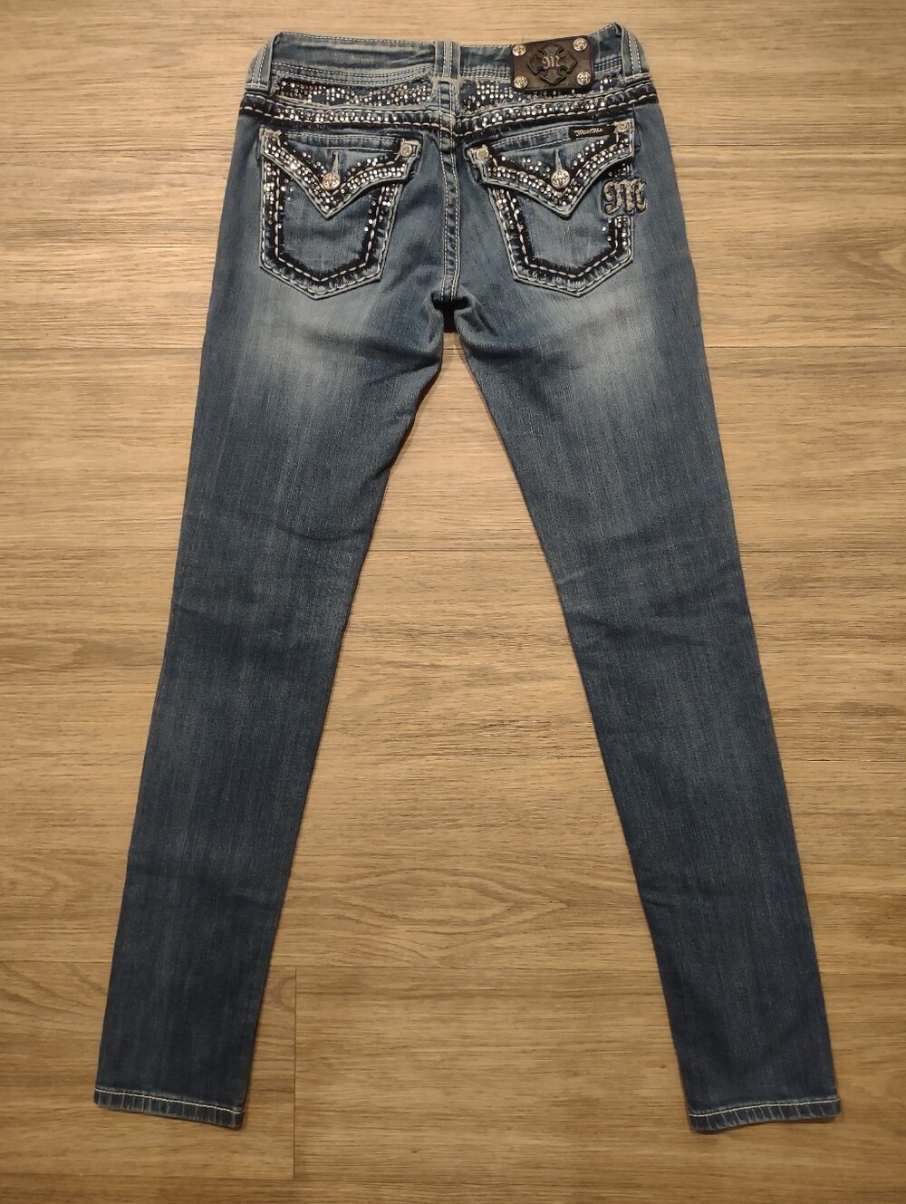 Miss Me Denim Skinny Jeans with Rhinestone Embellished Back Pockets